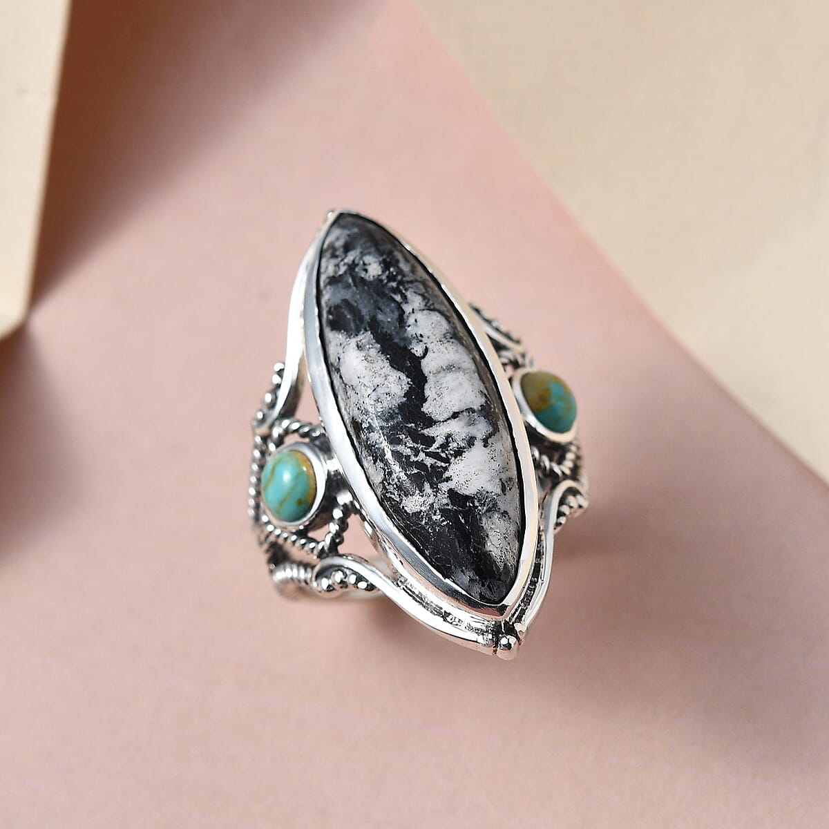 White Buffalo and Royston Turquoise Elongated Ring in Sterling Silver (Size 10.0) 10.75 ctw image number 1