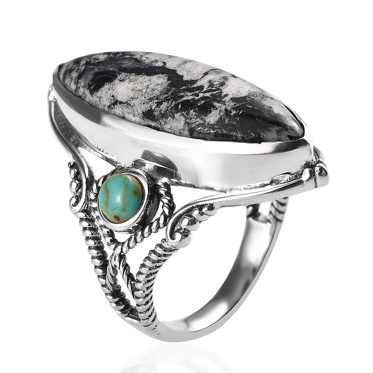 White Buffalo and Royston Turquoise Elongated Ring in Sterling Silver (Size 10.0) 10.75 ctw image number 3