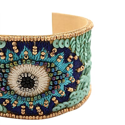 Multi Color Glass Seed Beaded Cuff Bracelet (7.0 In) and Dangle Earrings in Goldtone