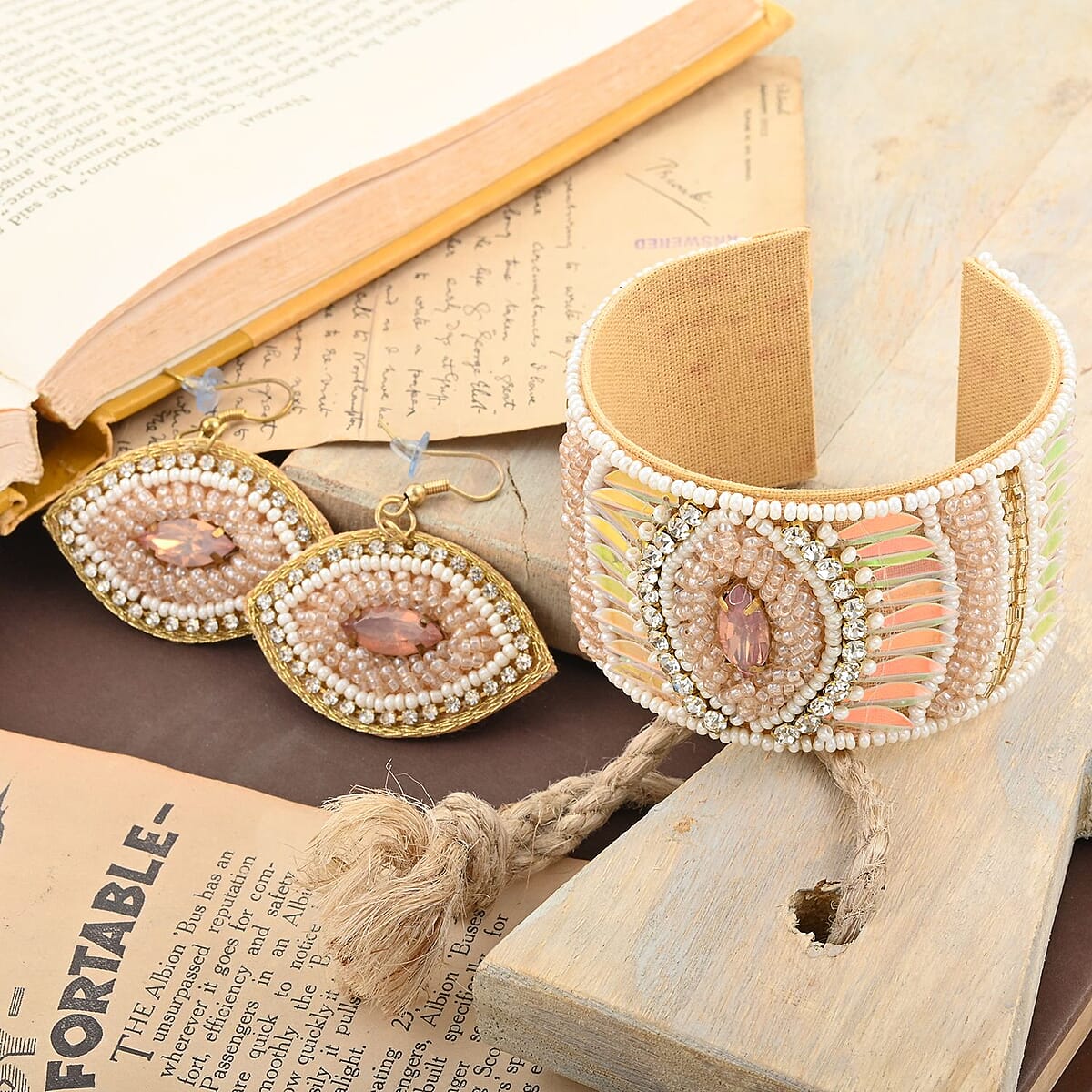 Multi Color Glass Seed Beaded Cuff Bracelet (7.0 In) and Dangle Earrings in Goldtone image number 1