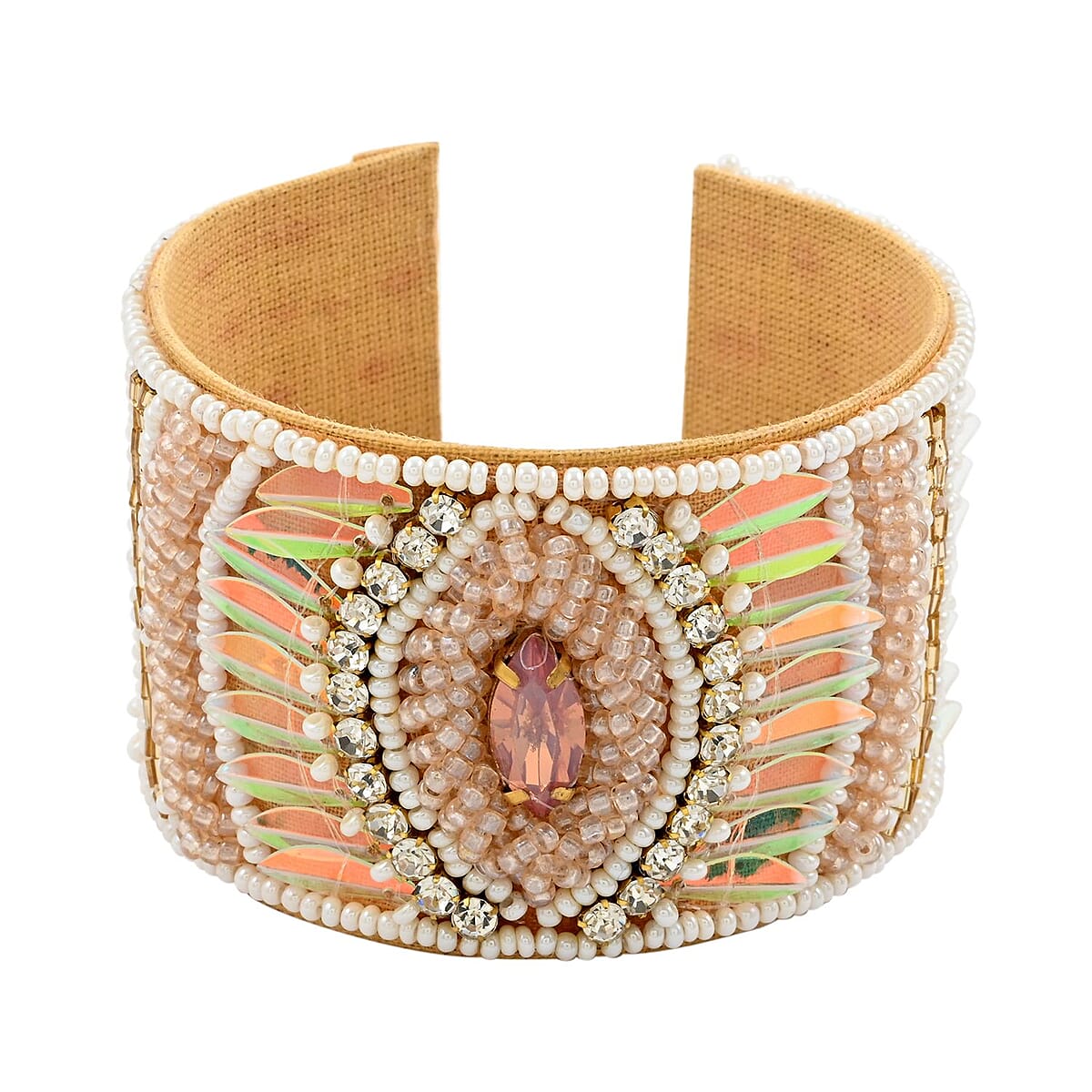 Multi Color Glass Seed Beaded Cuff Bracelet (7.0 In) and Dangle Earrings in Goldtone image number 2