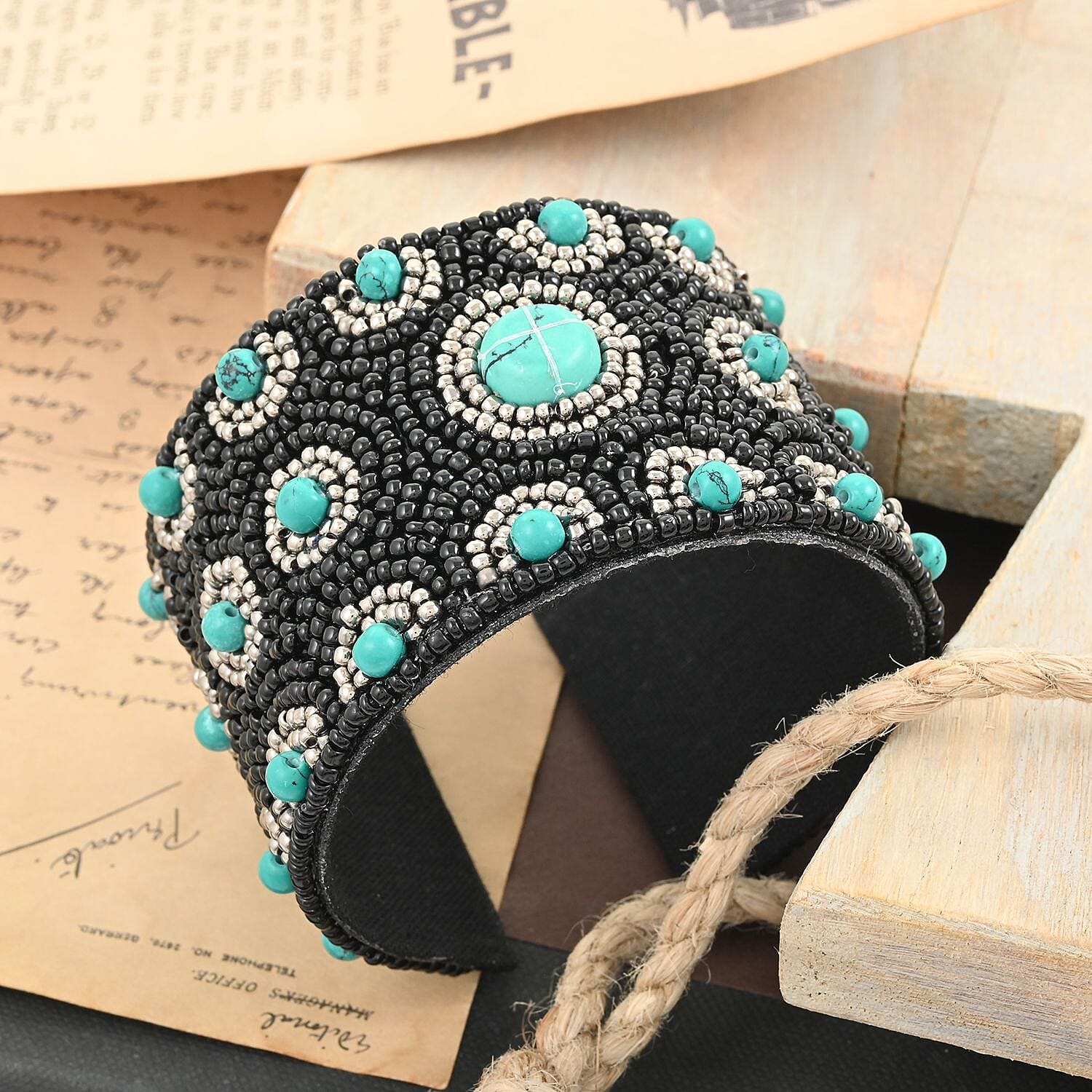 Turquoise Color Glass Seed Beaded Cuff Bracelet