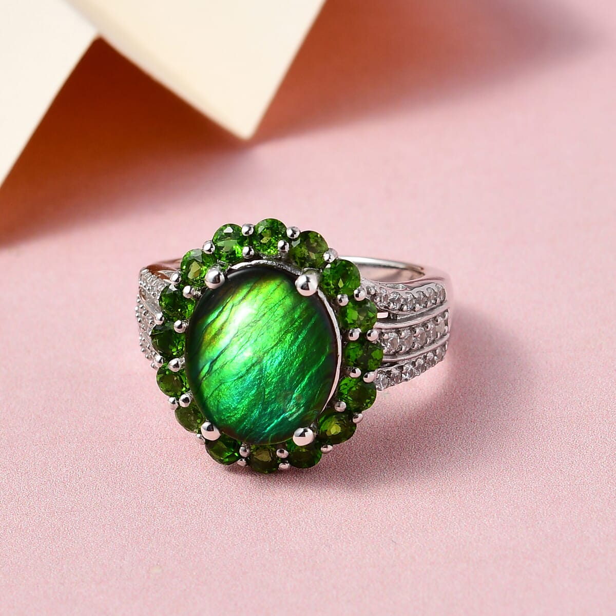 Premium Canadian Ammolite and Multi Gemstone Halo Ring in Platinum Over Sterling Silver 5.15 ctw image number 1