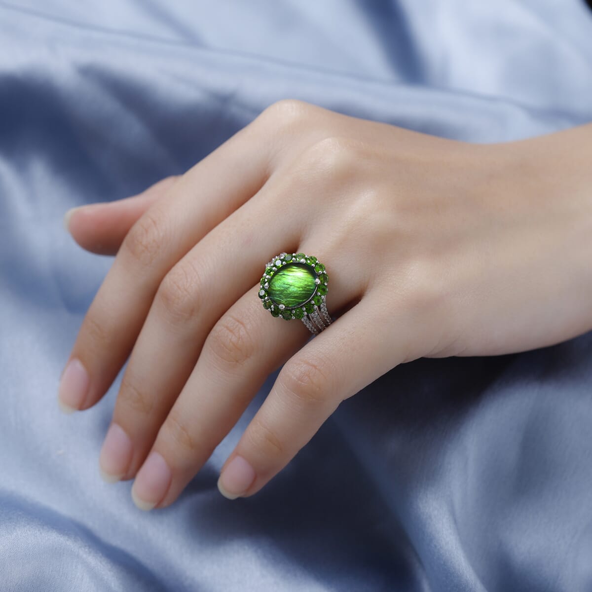 Premium Canadian Ammolite and Multi Gemstone Halo Ring in Platinum Over Sterling Silver 5.15 ctw image number 2