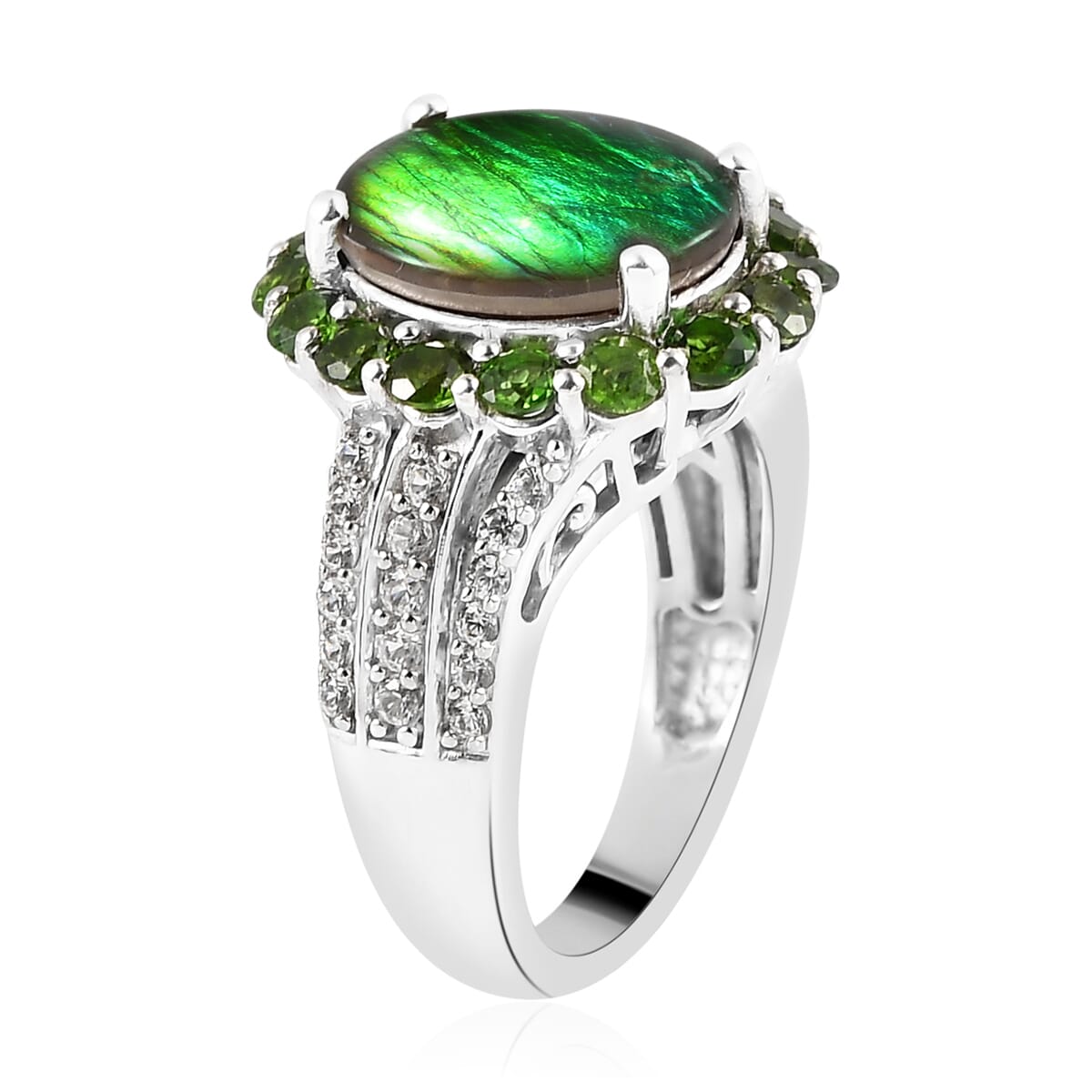 Premium Canadian Ammolite and Multi Gemstone Halo Ring in Platinum Over Sterling Silver 5.15 ctw image number 3