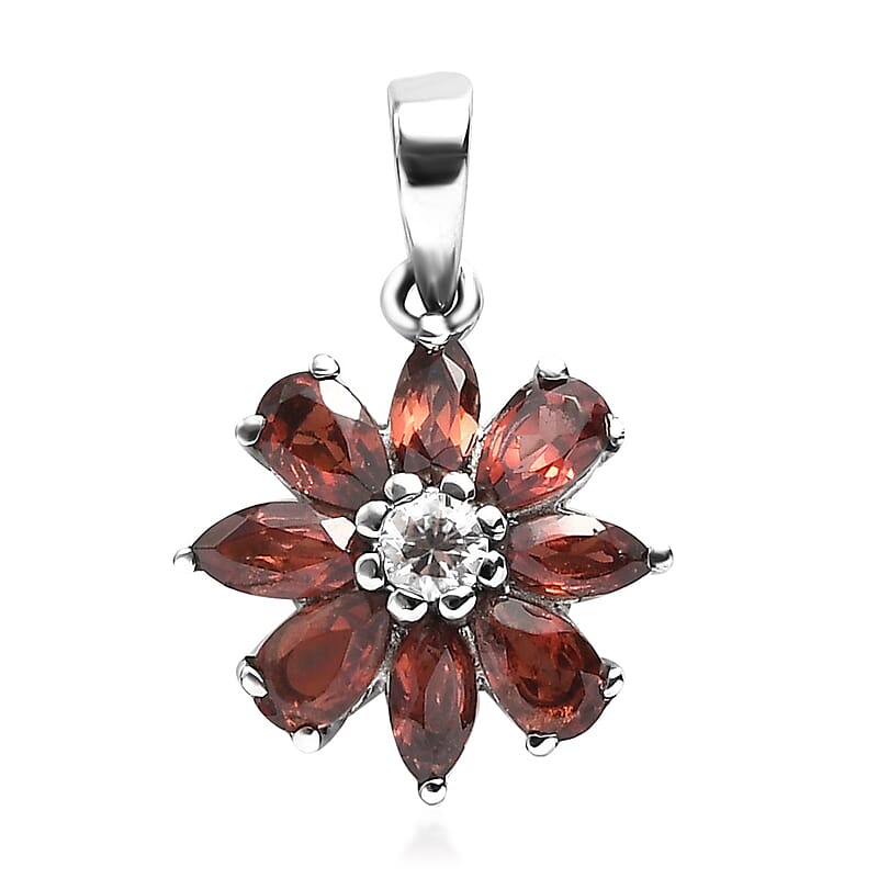 Mozambique Garnet and White Zircon Flower Pendant in Stainless Steel 2.00 ctw