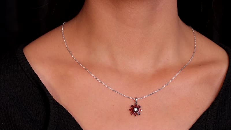 Mozambique Garnet and Natural White Zircon Flower Pendant in Stainless Steel 2.00 ctw