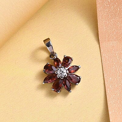 Mozambique Garnet and White Zircon Flower Pendant in Stainless Steel 2.00 ctw
