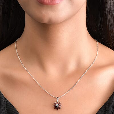 Mozambique Garnet and White Zircon Flower Pendant in Stainless Steel 2.00 ctw