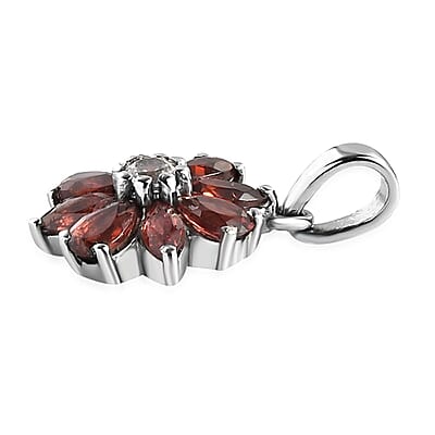 Mozambique Garnet and White Zircon Flower Pendant in Stainless Steel 2.00 ctw