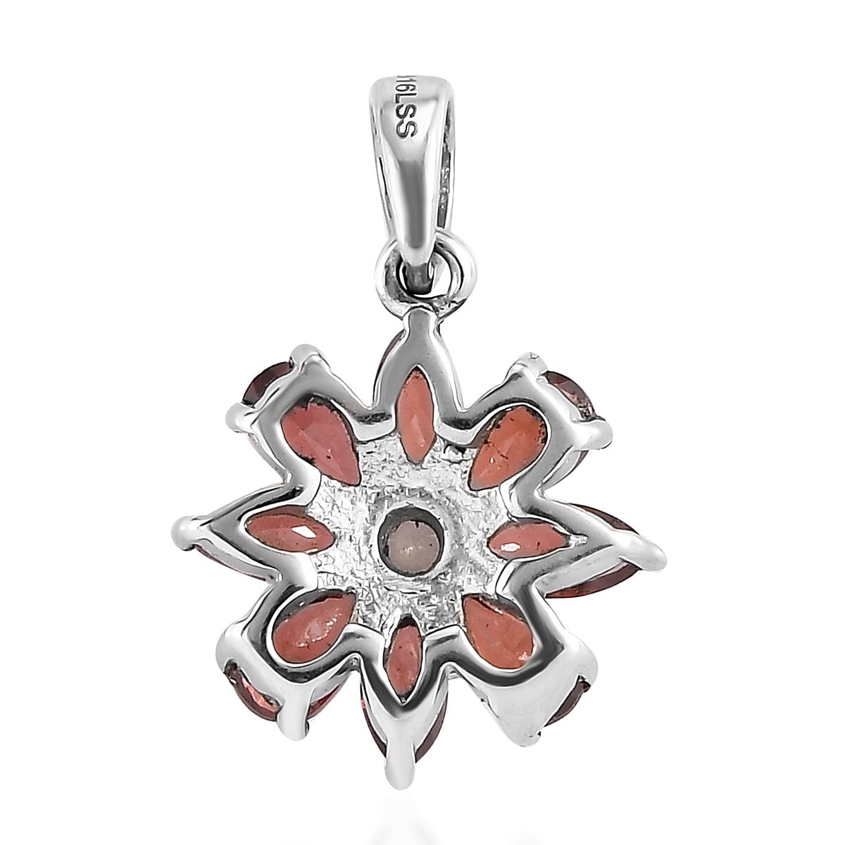 Mozambique Garnet and White Zircon Flower Pendant in Stainless Steel 2.00 ctw