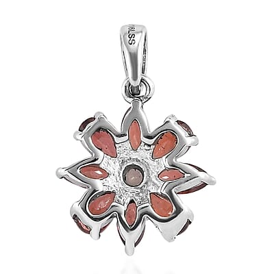 Mozambique Garnet and White Zircon Flower Pendant in Stainless Steel 2.00 ctw