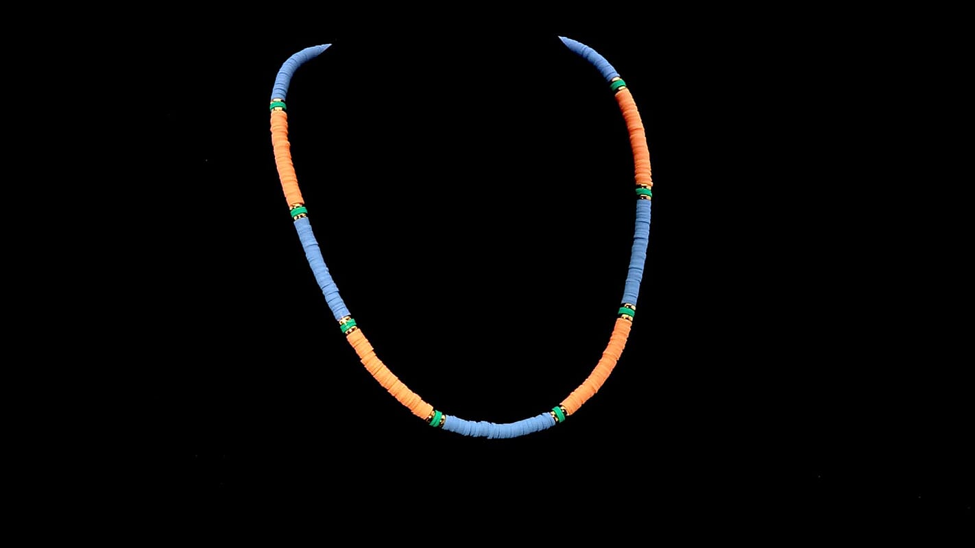 Simulated Orange and Blue Resin Beaded Necklace 20 Inches in Goldtone