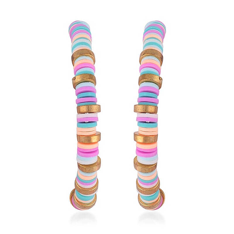 Simulated Multi Color Resin Beaded Hoop Earrings in Goldtone & Stainless Steel , Tarnish-Free, Waterproof, Sweat Proof Jewelry