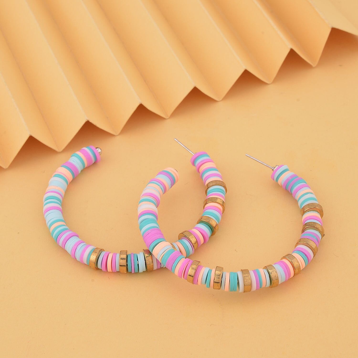 Simulated Multi Color Resin Beaded Hoop Earrings in Goldtone & Stainless Steel , Tarnish-Free, Waterproof, Sweat Proof Jewelry
