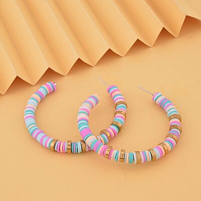 Simulated Multi Color Resin Beaded Hoop Earrings in Goldtone & Stainless Steel , Tarnish-Free, Waterproof, Sweat Proof Jewelry