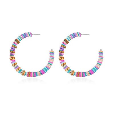 Simulated Multi Color Resin Beaded Hoop Earrings in Goldtone & Stainless Steel , Tarnish-Free, Waterproof, Sweat Proof Jewelry