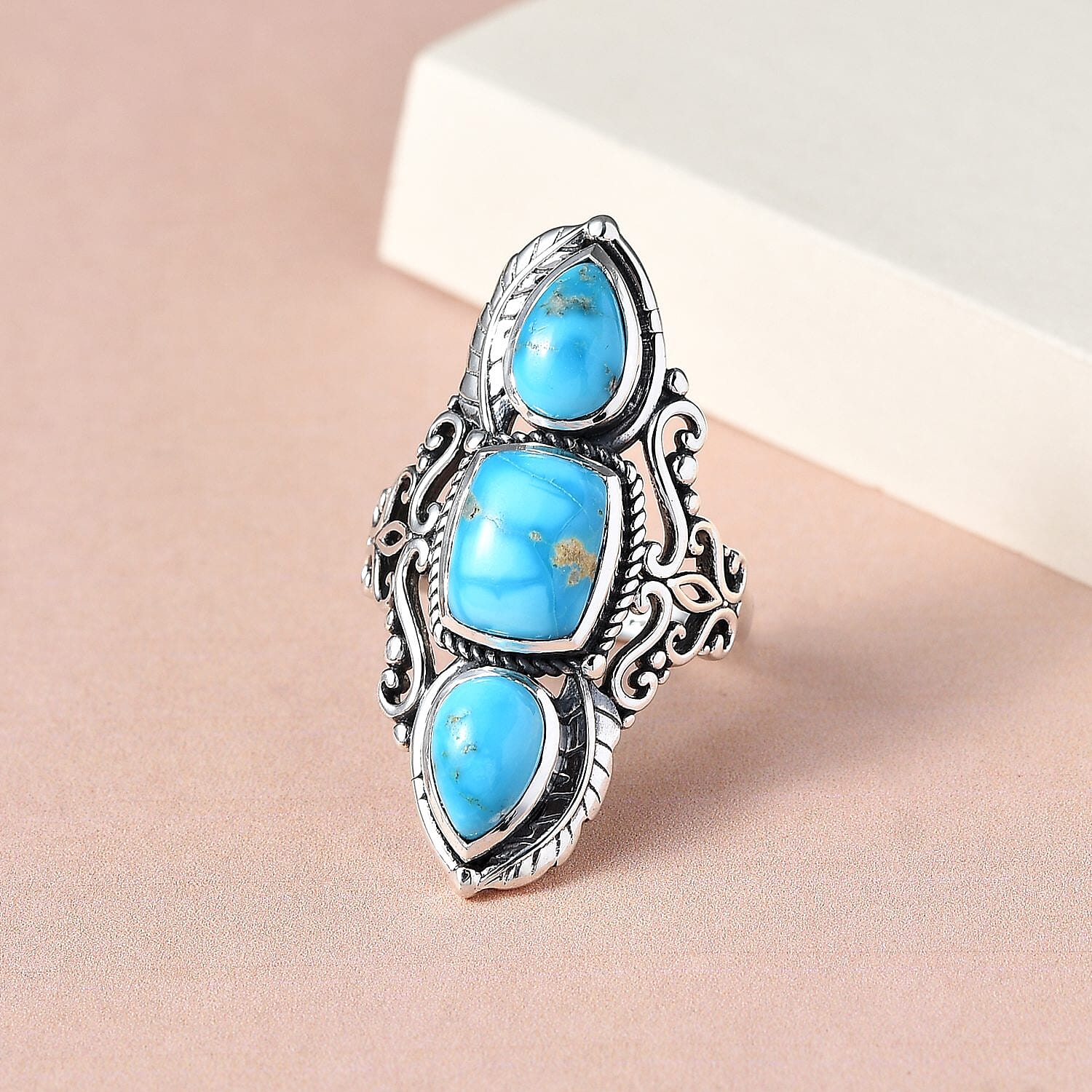 Artisan Crafted South Hill Turquoise 3 Stone Ring in Sterling Silver (Size 10.0) 7 Grams 6.35 ctw