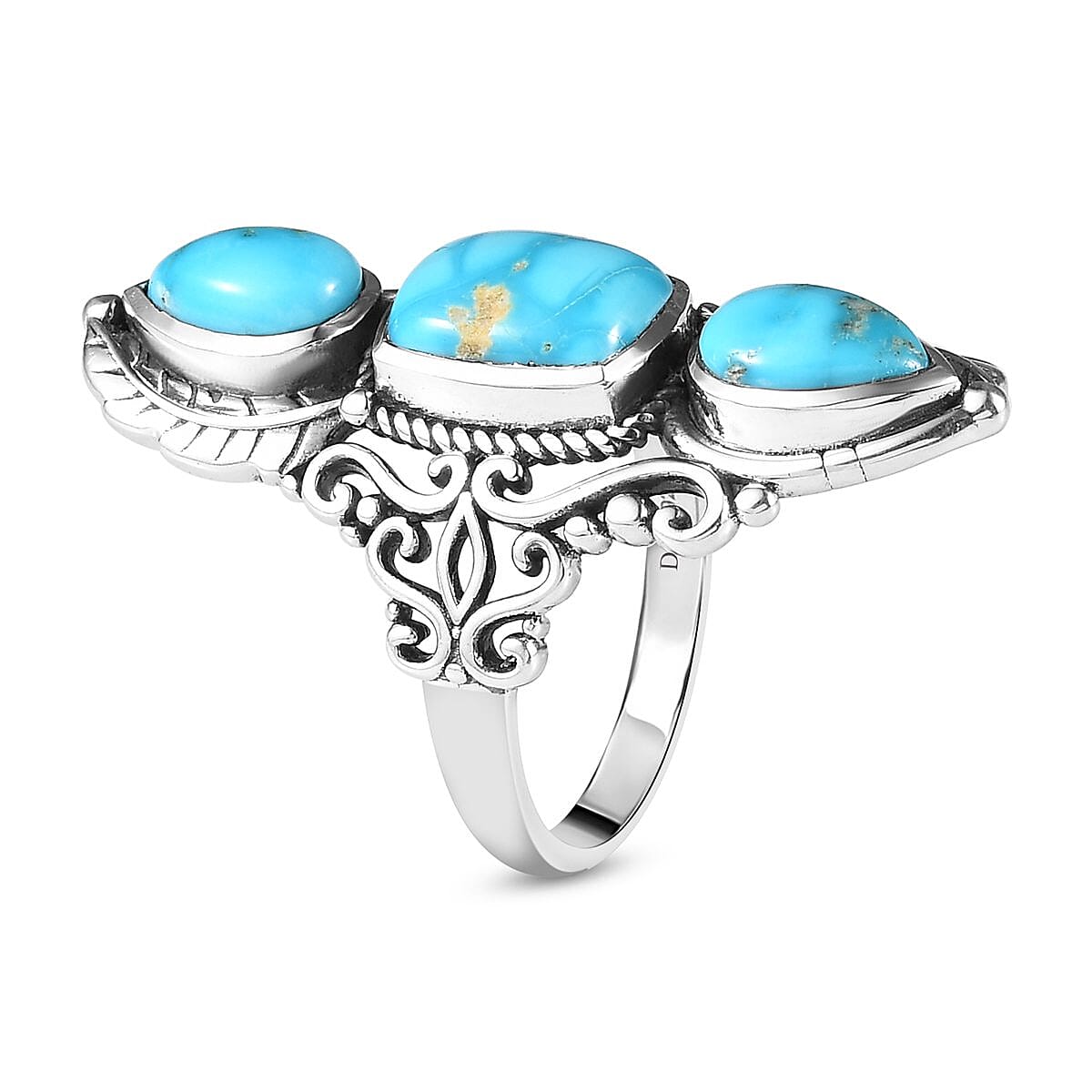 Artisan Crafted South Hill Turquoise 3 Stone Ring in Sterling Silver (Size 10.0) 7 Grams 6.35 ctw