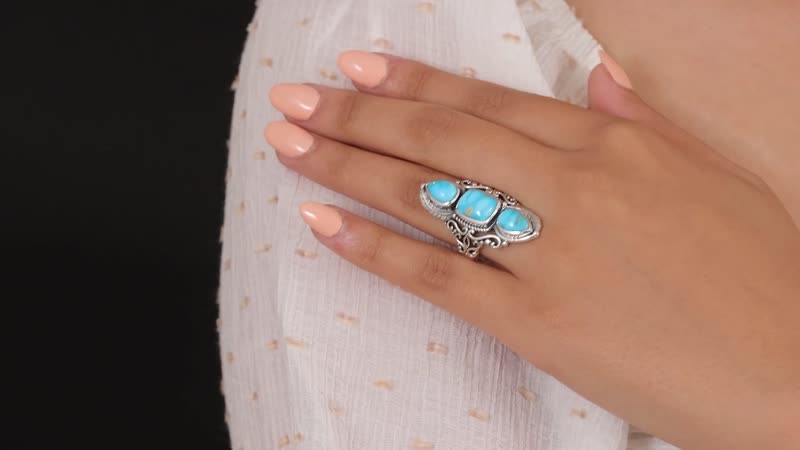 Artisan Crafted South Hill Turquoise 3 Stone Ring in Sterling Silver 7 Grams 6.35 ctw