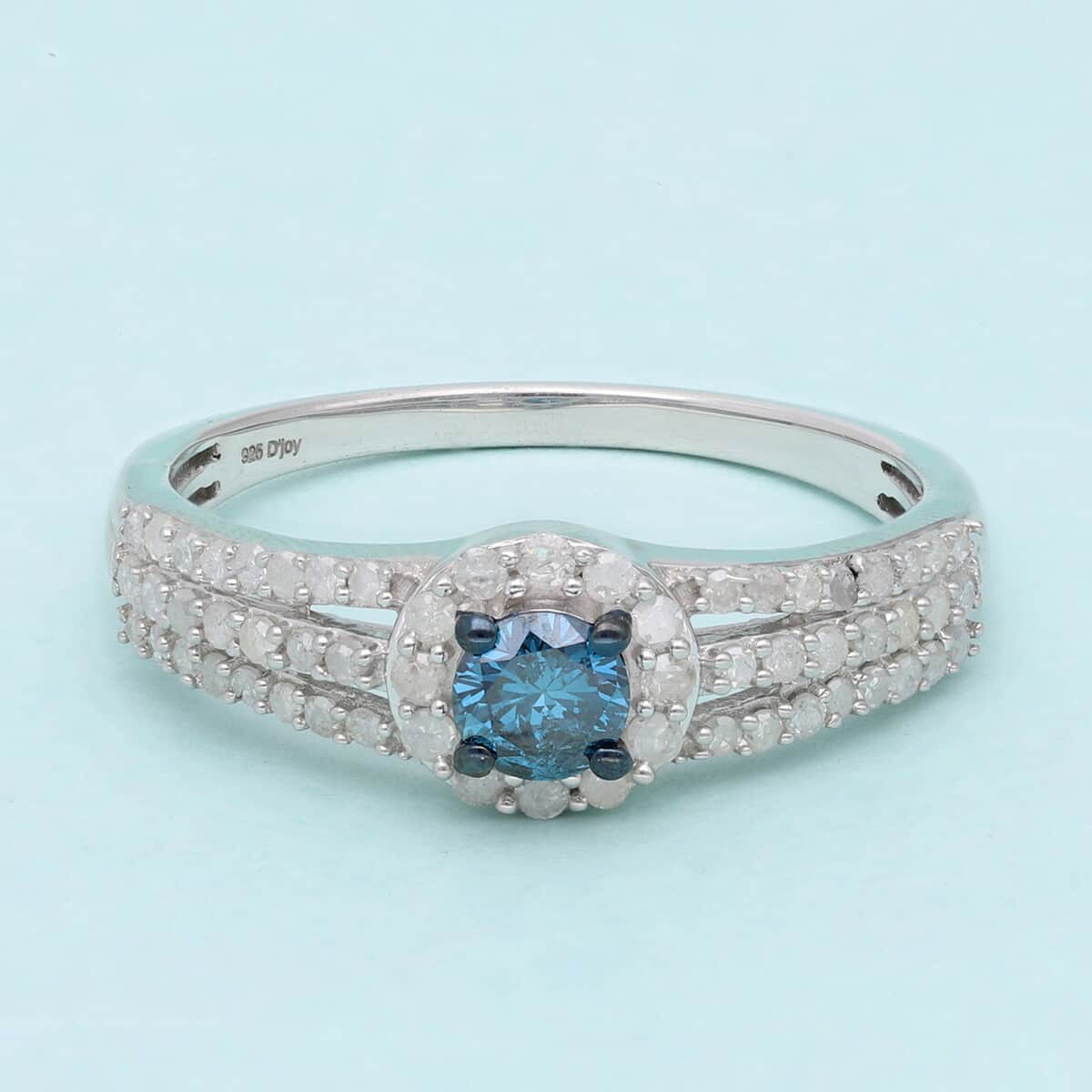 Blue and White Diamond Cocktail Ring in Rhodium & Platinum Over Sterling Silver 1.00 ctw image number 1