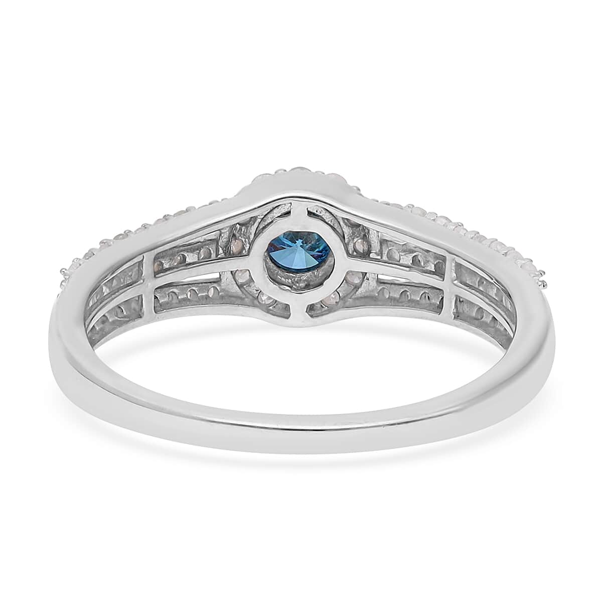 Blue and White Diamond Cocktail Ring in Rhodium & Platinum Over Sterling Silver 1.00 ctw image number 4