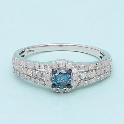 Blue and White Diamond Cocktail Ring in Rhodium & Platinum Over Sterling Silver (Size 7.0) 1.00 ctw