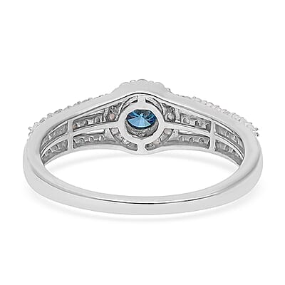 Blue and White Diamond Cocktail Ring in Rhodium & Platinum Over Sterling Silver (Size 7.0) 1.00 ctw