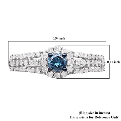 Blue and White Diamond Cocktail Ring in Rhodium & Platinum Over Sterling Silver (Size 7.0) 1.00 ctw
