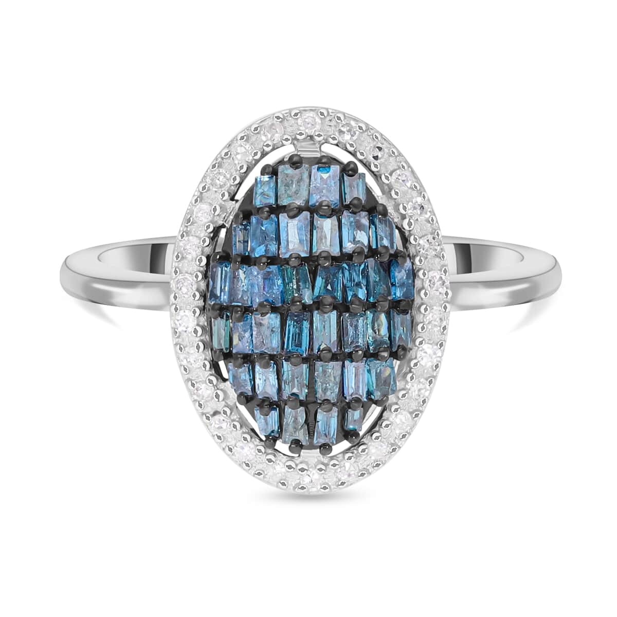 Ankur Treasure Chest Blue and White Diamond Elongated Ring in Rhodium & Platinum Over Sterling Silver (Size 10.0) 0.50 ctw image number 0