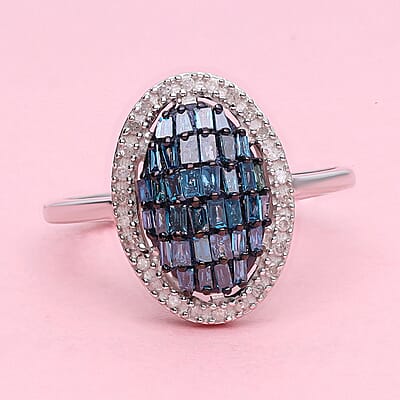 Ankur Treasure Chest Blue and White Diamond 0.50 ctw Elongated Ring in Rhodium & Platinum Over Sterling Silver (Size 10.0) 0.50 ctw
