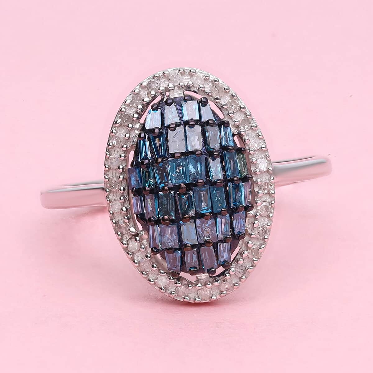 Blue and White Diamond Elongated Ring in Rhodium & Platinum Over Sterling Silver 0.50 ctw image number 1
