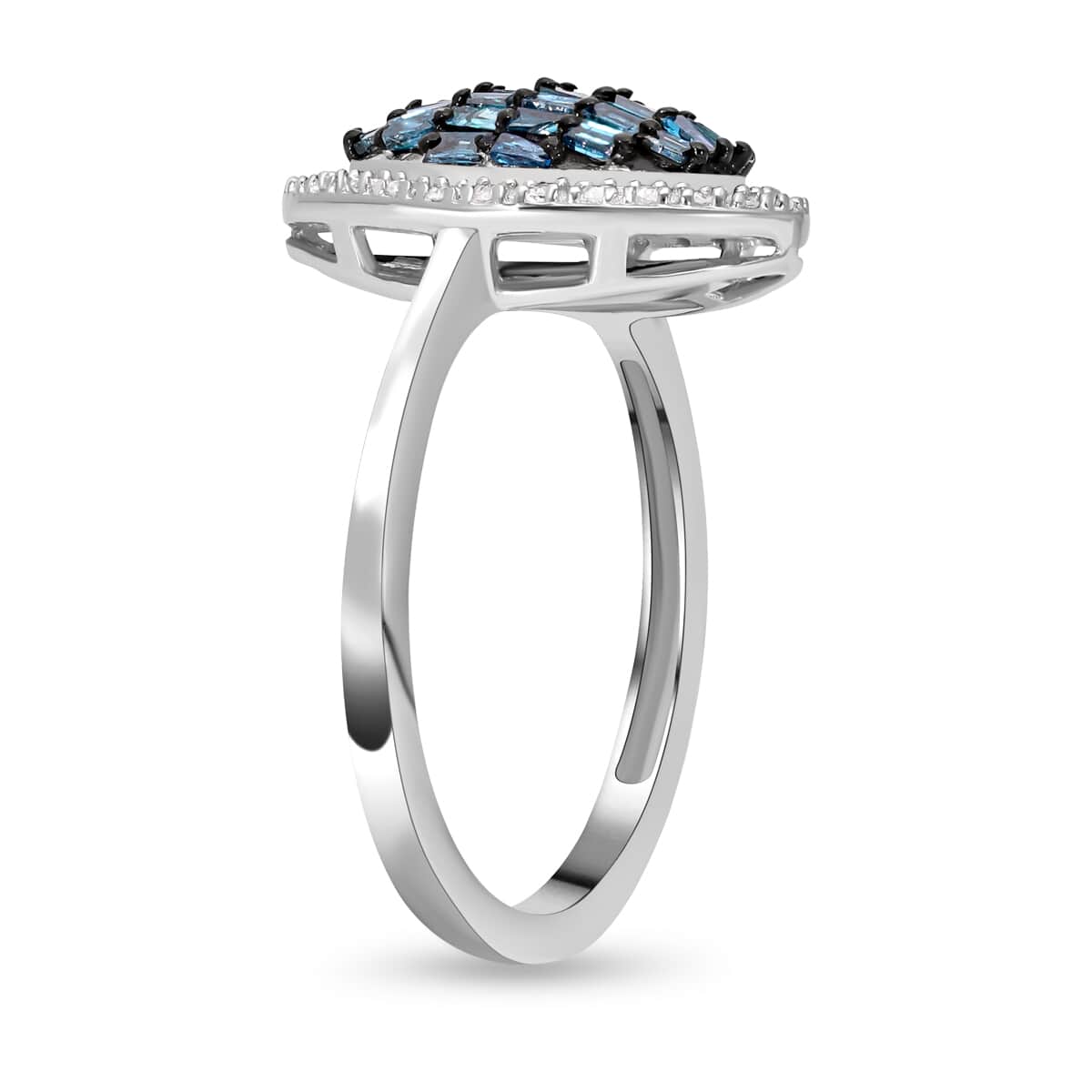 Blue and White Diamond Elongated Ring in Rhodium & Platinum Over Sterling Silver 0.50 ctw image number 3
