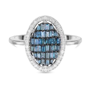Ankur Treasure Chest Blue and White Diamond Elongated Ring in Rhodium & Platinum Over Sterling Silver (Size 5.0) 0.50 ctw