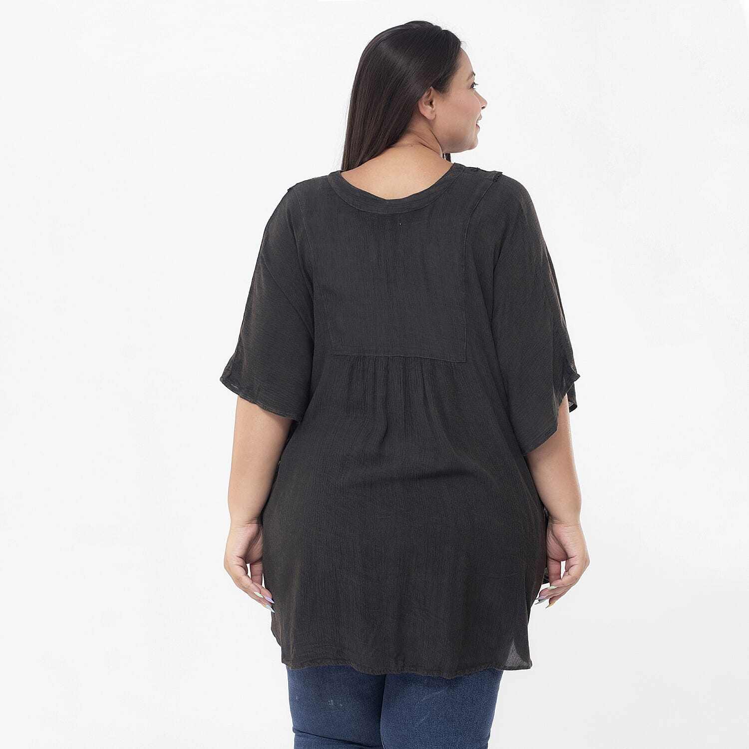 Tamsy Black Embroidered V-Neck Stone Wash Kaftan - One Size Fits Most