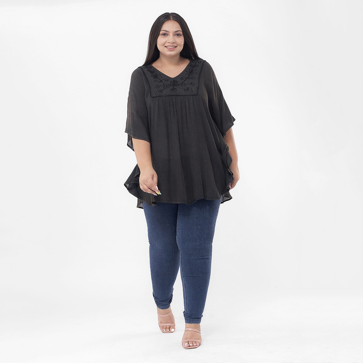 Tamsy Black Embroidered V-Neck Stone Wash Kaftan - One Size Fits Most