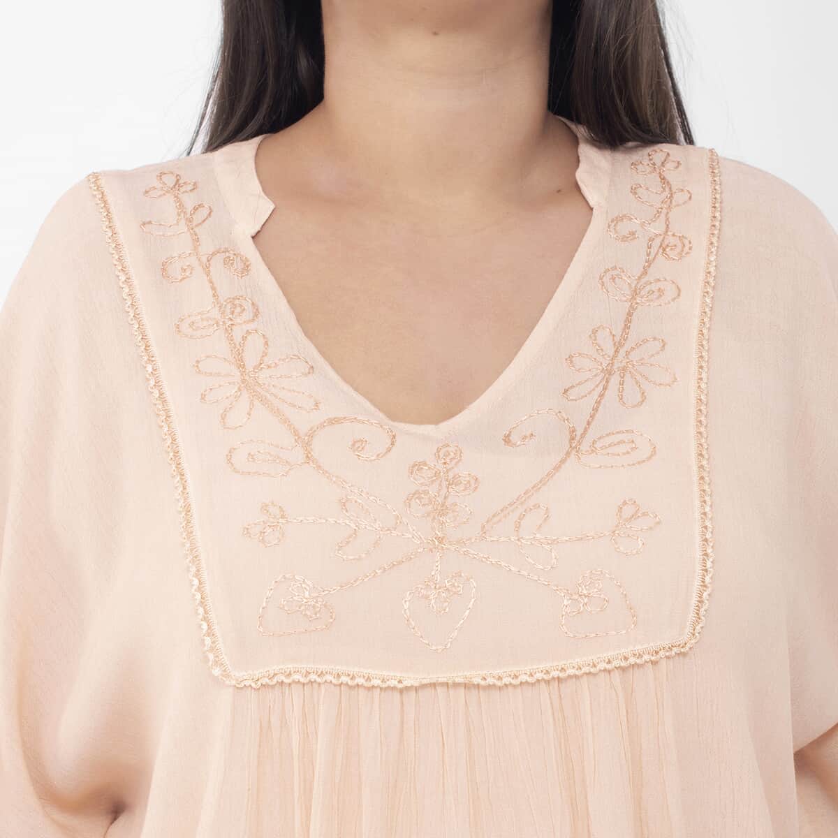 Tamsy Light Peach Embroidered V-Neck Stone Wash Kaftan - One Size Fits Most image number 4