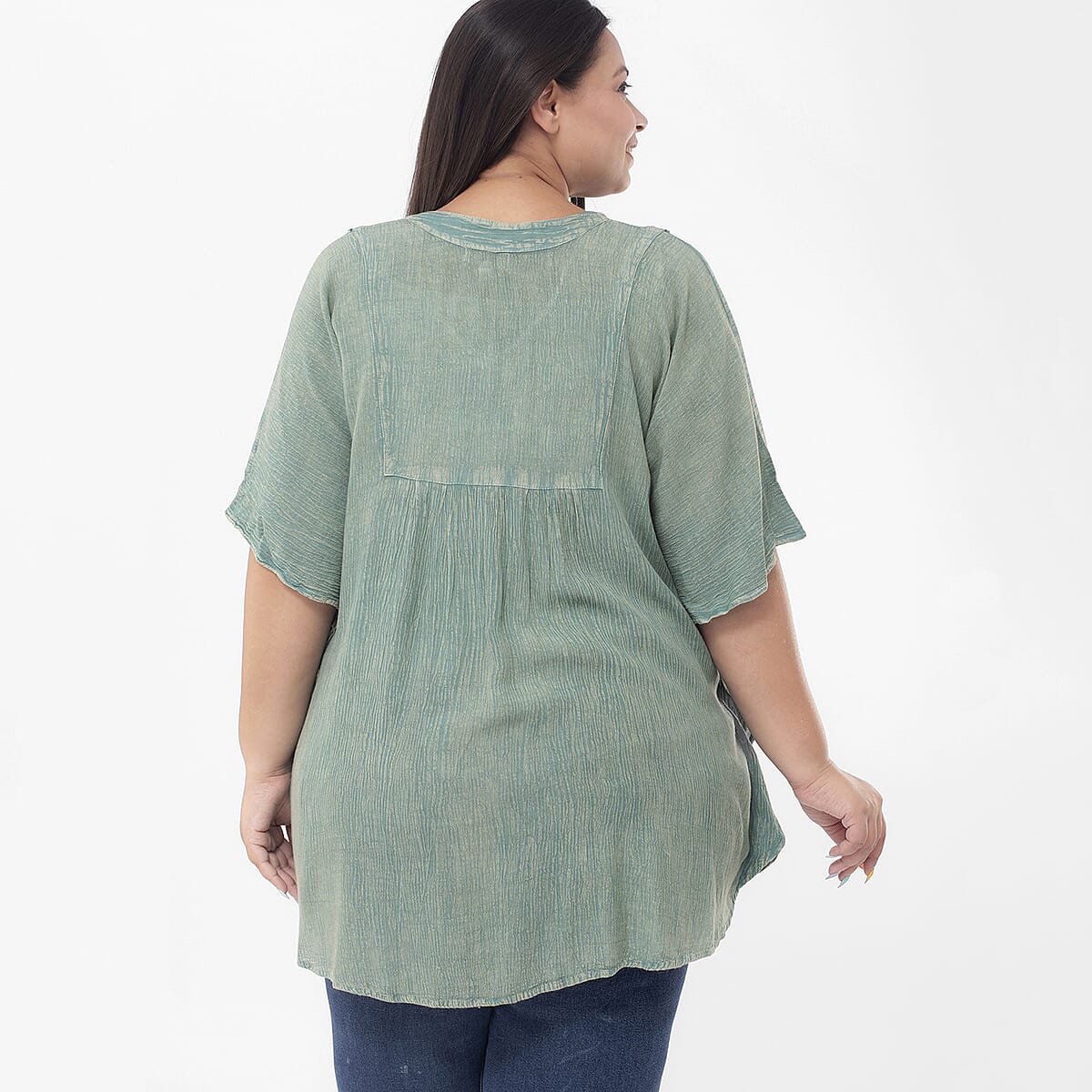 Tamsy Mint Green Embroidered V-Neck Stone Wash Kaftan - One Size Fits Most image number 1