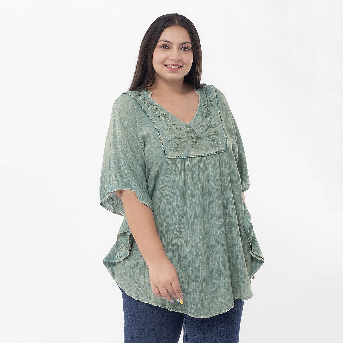 Tamsy Mint Green Embroidered V-Neck Stone Wash Kaftan - One Size Fits Most image number 2