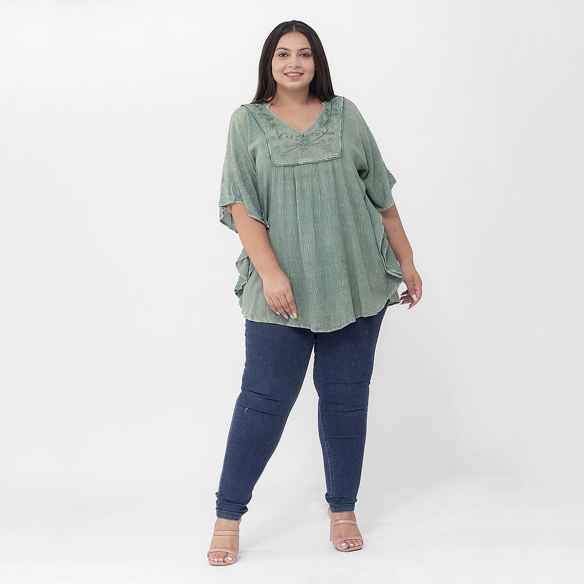 Tamsy Mint Green Embroidered V-Neck Stone Wash Kaftan - One Size Fits Most image number 3