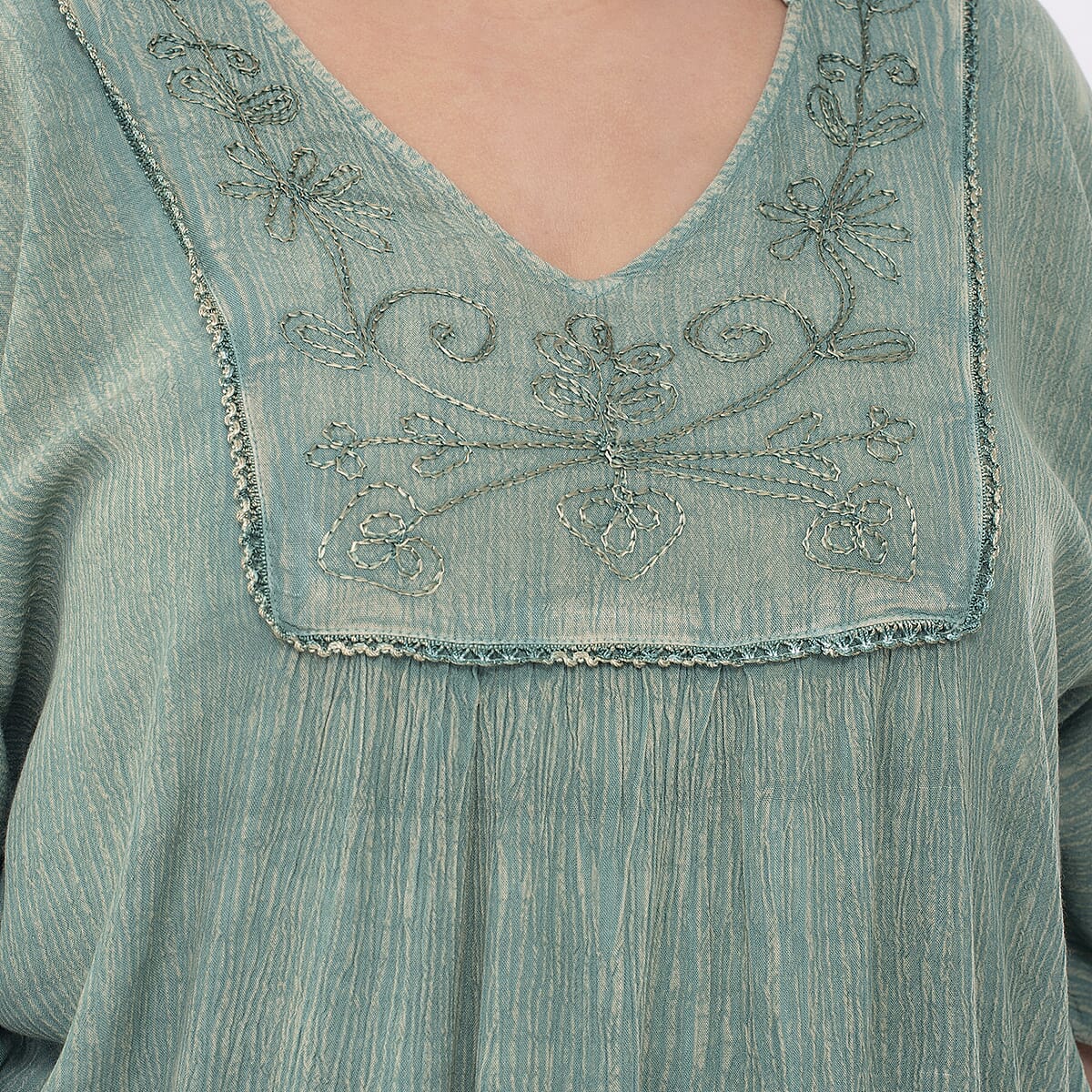 Tamsy Mint Green Embroidered V-Neck Stone Wash Kaftan - One Size Fits Most image number 4