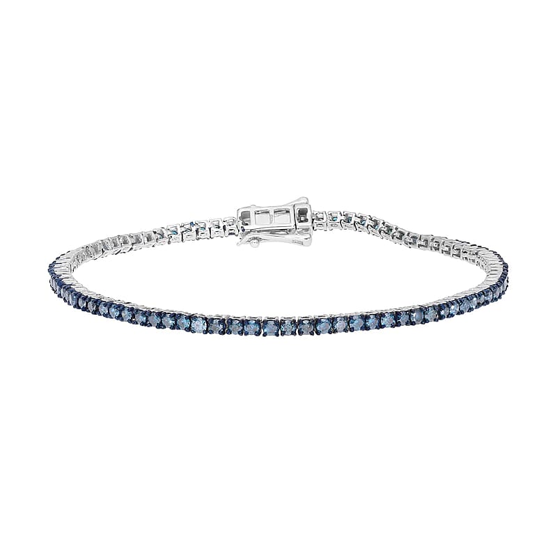 Blue Diamond Tennis Bracelet in Platinum Over Sterling Silver (7.25 In) 3.00 ctw