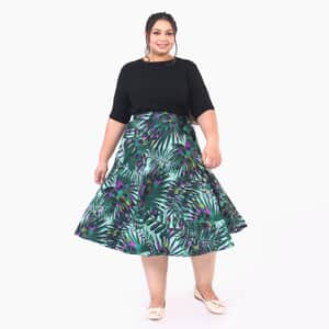 Tamsy Green Floral Jungle Print and Solid Black Reversible and Cinchable Modular Style Flounce Skirt - One Size Fits Most