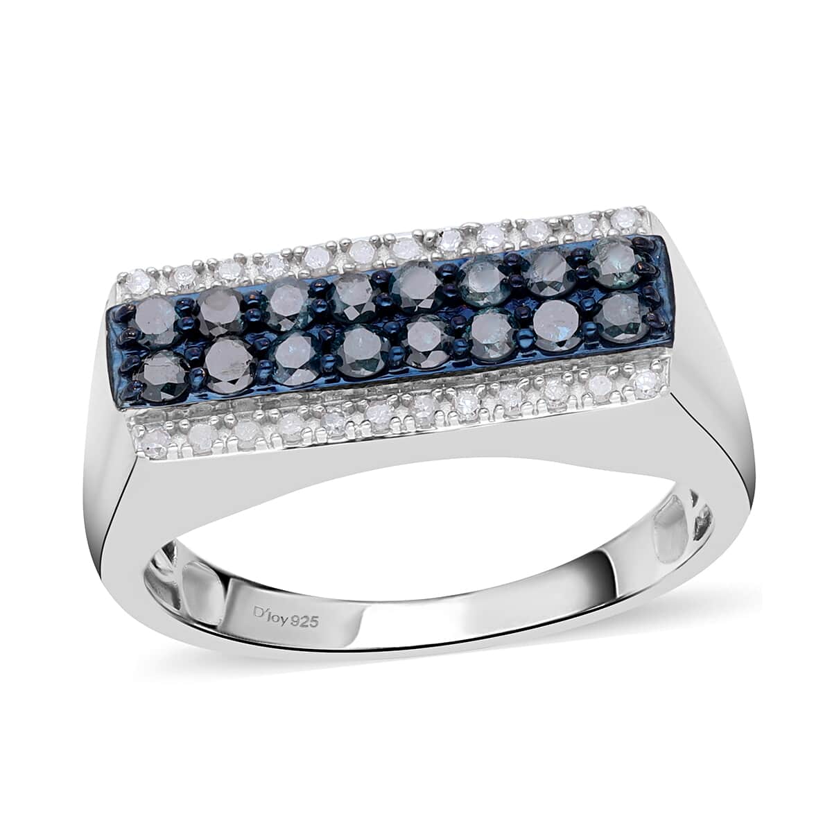 Blue and White Diamond Men's Ring in Rhodium & Platinum Over Sterling Silver 1.00 ctw image number 0
