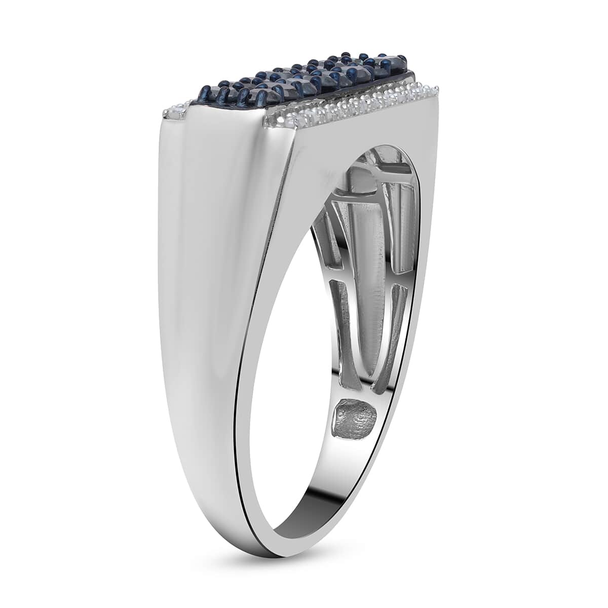 Blue and White Diamond Men's Ring in Rhodium & Platinum Over Sterling Silver 1.00 ctw image number 3