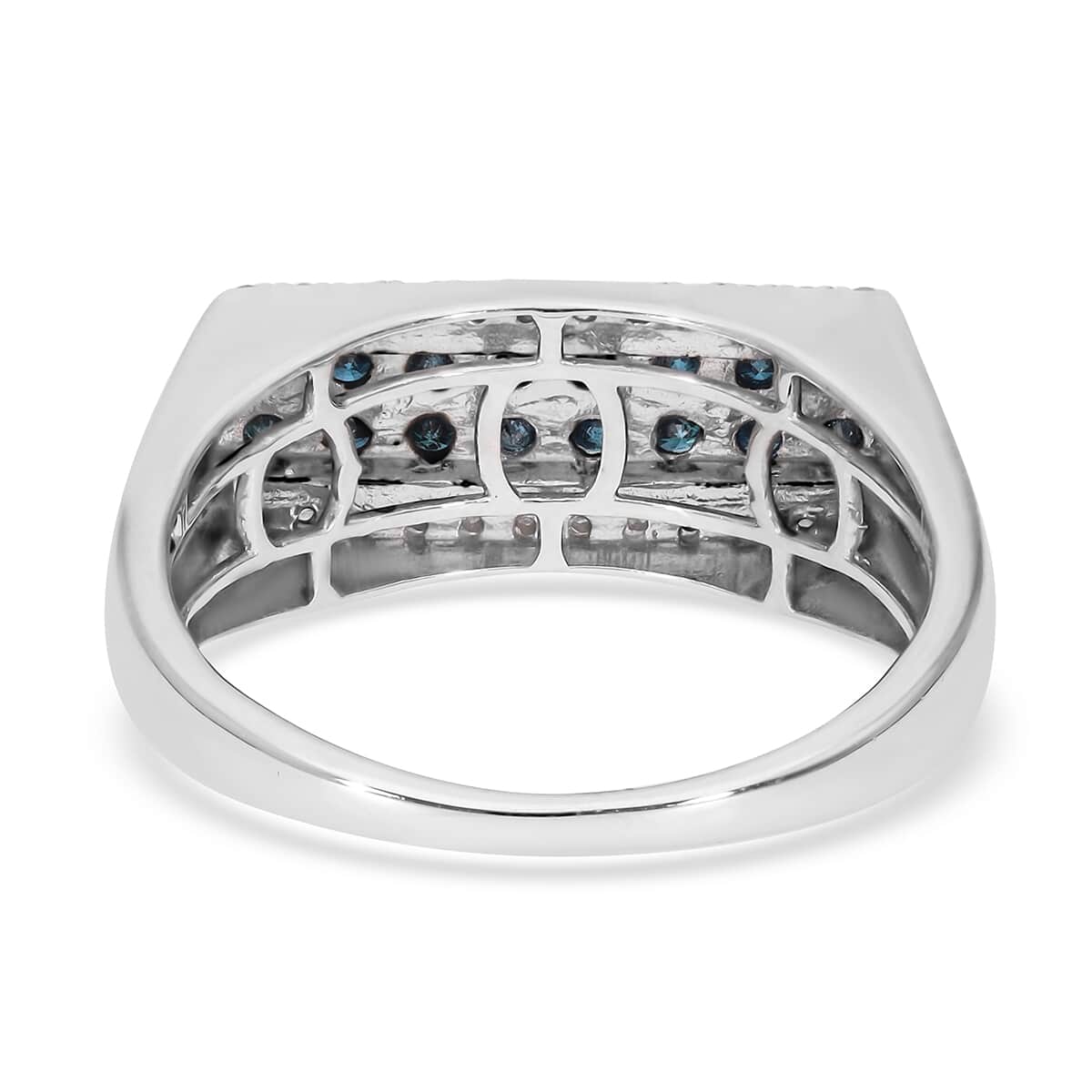 Blue and White Diamond Men's Ring in Rhodium & Platinum Over Sterling Silver 1.00 ctw image number 4