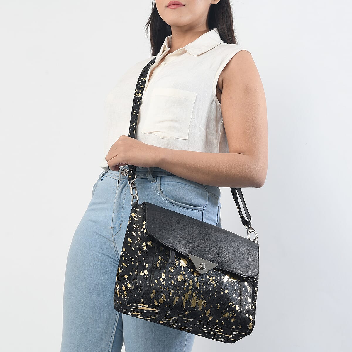 100% Genuine Leather Hair on Cross body Sling Bag Size: 11(L)x9(W)x4(H) Inches Color: Black/Golden image number 1