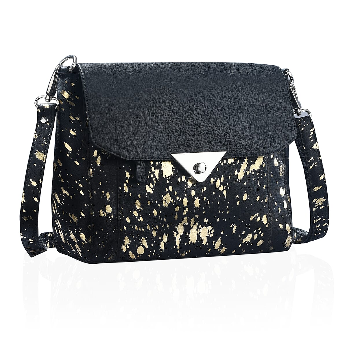 100% Genuine Leather Hair on Cross body Sling Bag Size: 11(L)x9(W)x4(H) Inches Color: Black/Golden image number 2