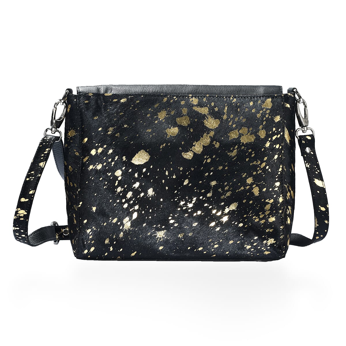 100% Genuine Leather Hair on Cross body Sling Bag Size: 11(L)x9(W)x4(H) Inches Color: Black/Golden image number 3