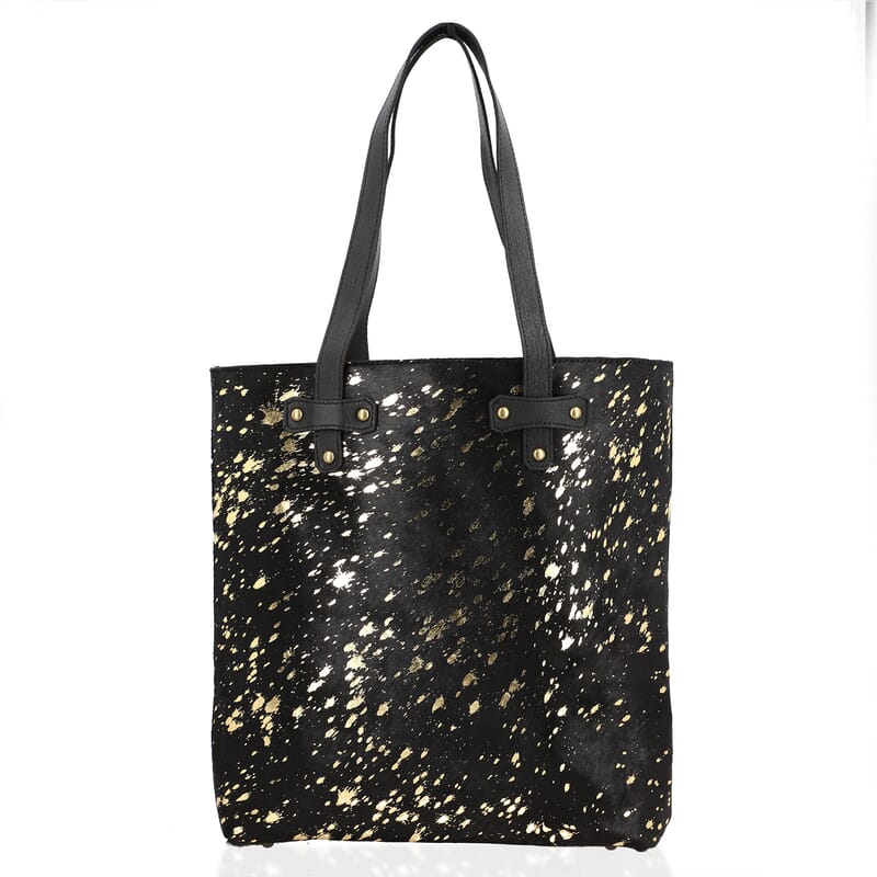 Black and Golden Genuine Cowhide Leather Tote Bag